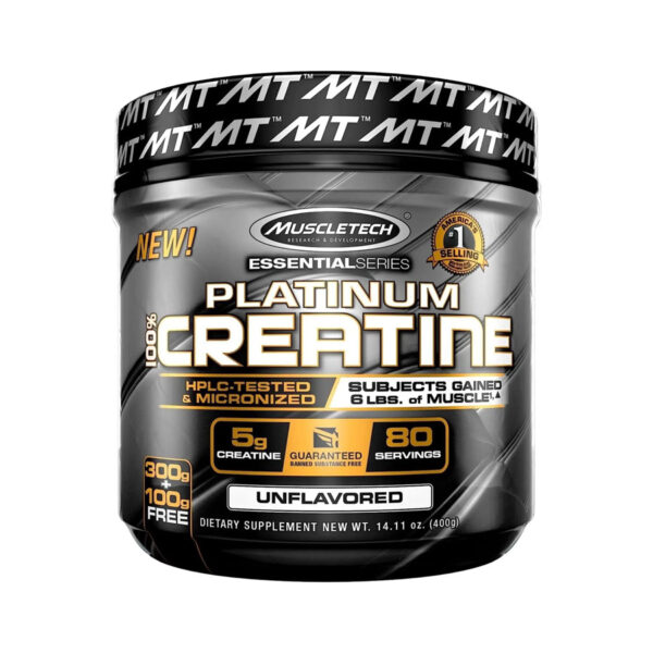 Envase de Creatina Platinum de MuscleTech de 400 g en polvo, sin sabor.
