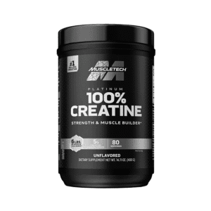 Envase de Creatina Platinum MuscleTech 400g con 100% creatina monohidratada micronizada en polvo, suplemento deportivo para fuerza y rendimiento.