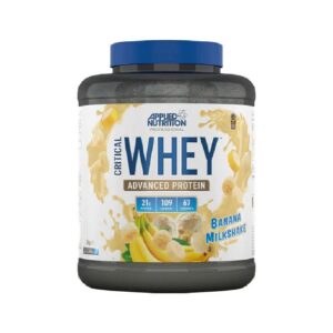 Bote de Critical Whey con proteína de suero concentrada, aislada e hidrolizada, certificada sin gluten y Halal, sabor Banan milkshake