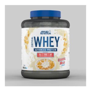 Bote de Critical Whey con proteína de suero concentrada, aislada e hidrolizada, certificada sin gluten y Halal, sabor Cereal Milk