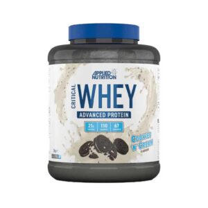 Bote de Critical Whey con proteína de suero concentrada, aislada e hidrolizada, certificada sin gluten y Halal, sabor Cookies cream