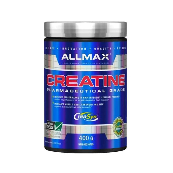 Bote de Creatina Allmax 400g, monohidrato de creatina micronizada 100% pura, sin aditivos.