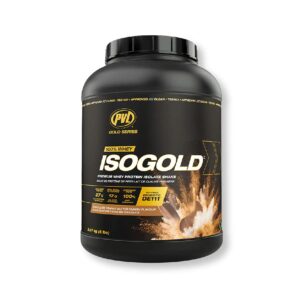 Envase de proteína Isogold 5 libras , aislado e hidrolizado de suero, 27 g de proteína, BCAA, probióticos y certificación Informed Choice.Sabor chocolate peanut butter smach.