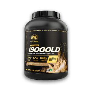 Envase de proteína Isogold 5 libras , aislado e hidrolizado de suero, 27 g de proteína, BCAA, probióticos y certificación Informed Choice.Sabor ice cream cookies.