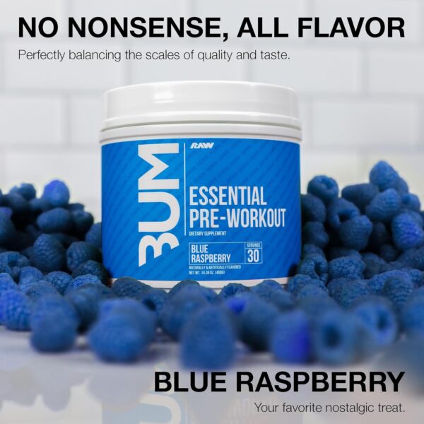 Envase de Pre entreno RAW CBUM sabor Blue Raspberry, 30 servicios.