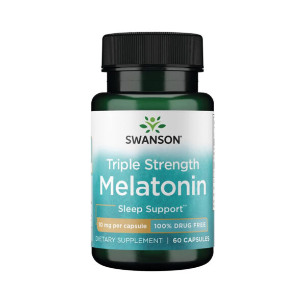 Frasco de Melatonina Swanson en presentaciones de 3 mg (120 cápsulas) y 10 mg (60 cápsulas)