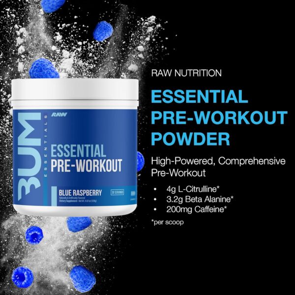 Envase de Pre entreno RAW CBUM sabor Blue Raspberry, 30 servicios.