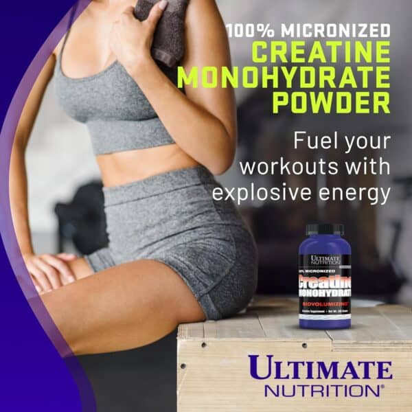 Creatina Ultimate Nutrition junto a mujer deportista tras entrenamiento, con lema “Fuel your workouts”.