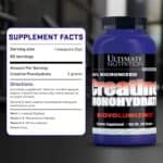 Tabla nutricional de Creatina Ultimate Nutrition 300 g con información por porción.
