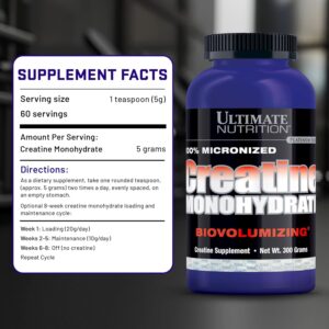 Tabla nutricional de Creatina Ultimate Nutrition 300 g con información por porción.