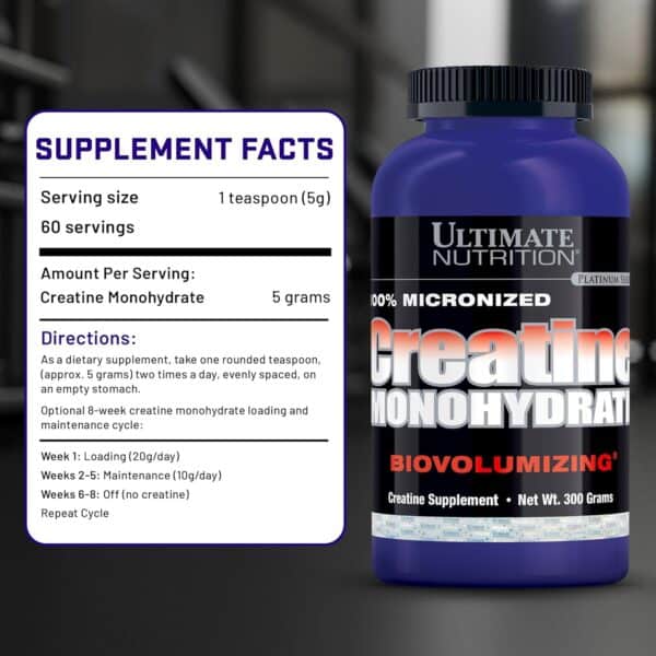 Tabla nutricional de Creatina Ultimate Nutrition 300 g con información por porción.