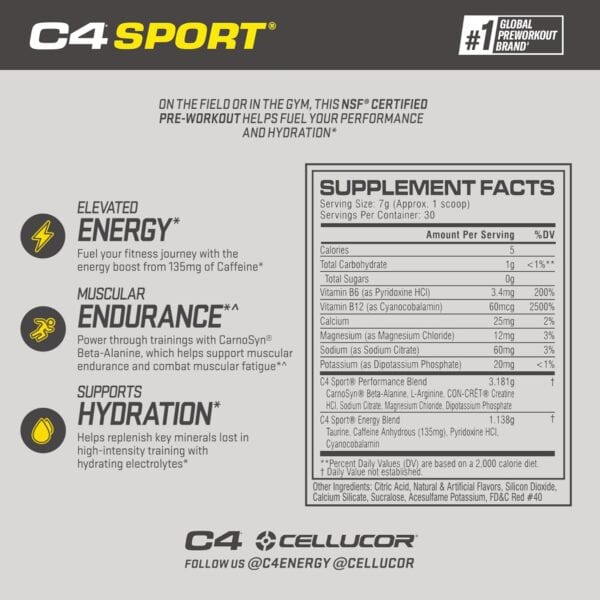 Información nutricional Pre Entreno C4 Sport Cellucor 30 servicios sabor Fruit Punch - suplemento en polvo para energía y rendimiento deportivo