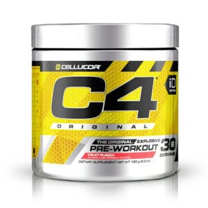 Envase del suplemento C4 Pre Entreno Cellucor sabor Fruit Punch en polvo, 30 servicios.
