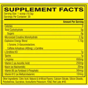 Etiqueta de información nutricional con creatina micronizada y mezcla energética avanzada