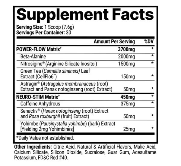 información nutricional del envase del suplemento Pre entreno HYDE OG de ProSupps en polvo, sabor Tropical cyclone, presentación de 30 servicios.