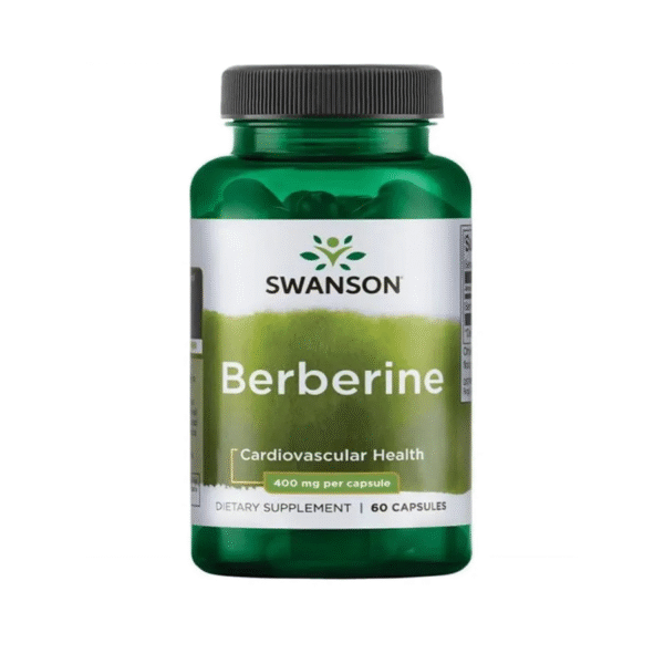 Frasco de Berberina Swanson 400 mg 60 cápsulas – Suplemento natural para apoyo metabólico y cardiovascular.