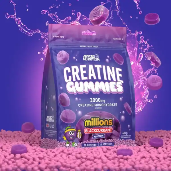 Gomitas de creatina Applied Nutrition sabor grosella negra, 3000 mg de creatina monohidratada por porción. Creatina Gummies