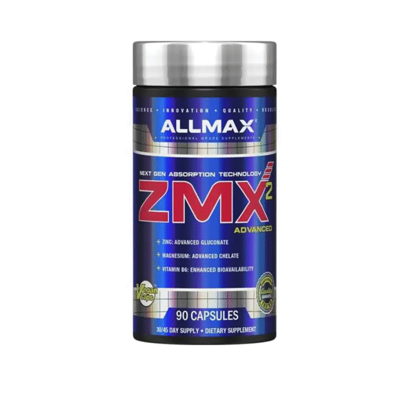 Frasco de ZMX Advanced Allmax Essentials – Suplemento de zinc, magnesio y vitamina B6 en cápsulas.