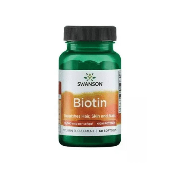 Frasco de Biotina Swanson 5000 mcg,presentación de 30 cápsulas blandas.
