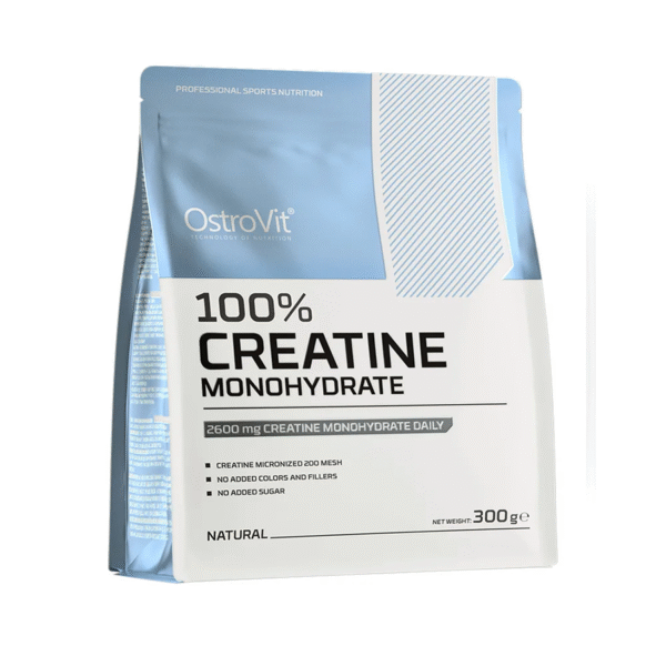 Envase de creatina monohidrato OstroVit 300g en polvo micronizado sin sabor