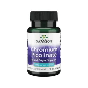 Frasco de suplemento Picolinato de Cromo Swanson 200 mcg con 100 cápsulas, suplemento mineral en cápsulas.