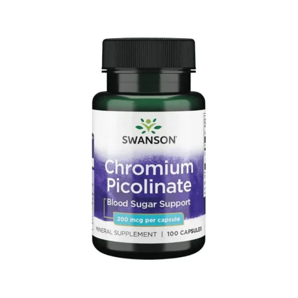 Frasco de suplemento Picolinato de Cromo Swanson 200 mcg con 100 cápsulas, suplemento mineral en cápsulas.