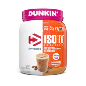 Proteina ISO100 Dunkin Dymatize Cappuccino – Proteína de suero hidrolizada con 25 g de proteína, BCAA y cafeína natural sabor café"
